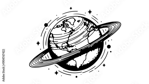 A minimalist vector illustration of a planet with a ring system, surrounded by stars and dots on a white background