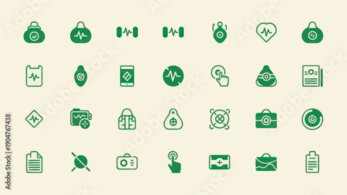 Set of green fitness and health icons for digital design and web graphics