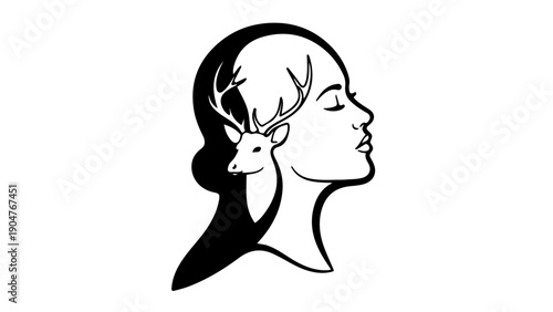 A minimalist vector illustration of a woman's head with a deer emerging from her hair