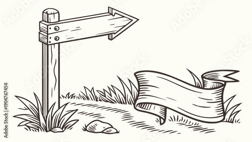 Vintage hand-drawn sketch of a wooden arrow signpost and a blank ribbon banner on a grassy path.