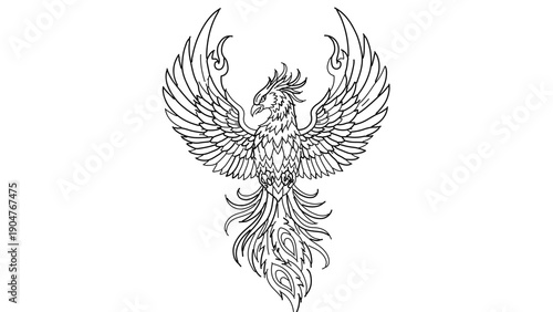 A majestic phoenix bird in flight with outstretched wings and fiery plumage in a minimalist line art style