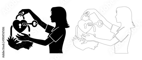 Person unlocking a heart-shaped lock with a key, symbolizing love or secrets