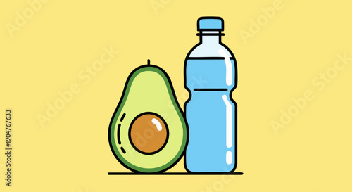 Simple graphic illustration depicting a healthy lifestyle choice featuring a ripe avocado half positioned beside a clear plastic bottle filled with refreshing drinking water against a solid yellow bac