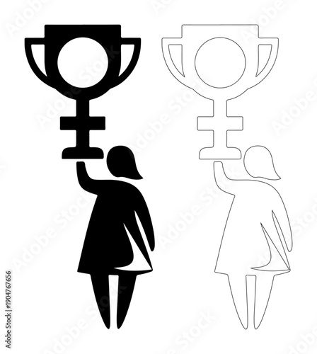 Woman celebrates achievement by holding up a trophy, symbolizing success and victory.