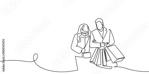 One continuous line drawing: A man is holding shopping bags for his girlfriend. simple linear style Doodle vector illustration Editable stroke.