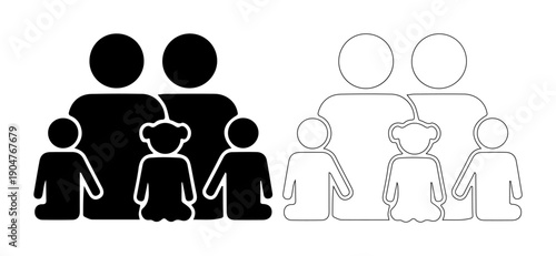 Simple silhouette of a family with two children and two parents, representing togetherness and unity.