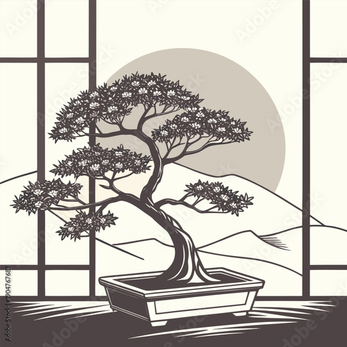 bonsai tree in pot on windowsill with mountain view