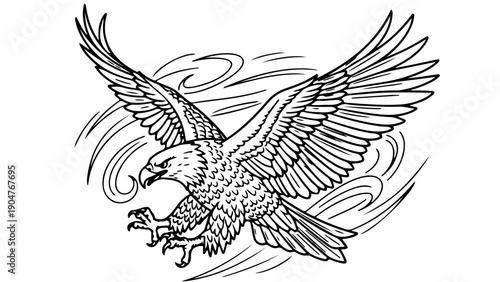 A black and white vector illustration of an eagle in flight with outstretched wings and dynamic motion lines