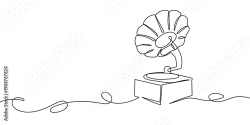 One continuous line drawing of an antique record player. simple linear style Doodle vector illustration Editable stroke.