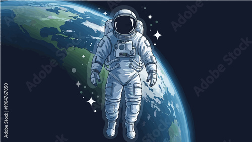 An astronaut in a white spacesuit floats in front of a stunning view of Earth from space with stars shining brightly