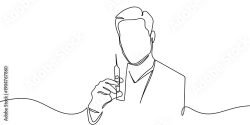 One continuous line drawing: A male doctor holding a syringe. simple linear style Doodle vector illustration Editable stroke.