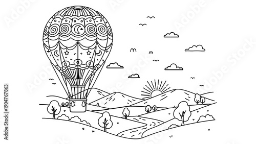 A minimalist line art illustration of a hot air balloon soaring over a rural landscape with trees and hills