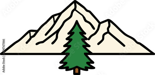 Minimalist graphic design featuring rugged snow-capped mountain peaks rising dramatically above a single solitary evergreen pine tree centered against a solid black background perfect for outdoor bran
