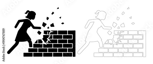Determined woman breaks through brick wall, symbolizing overcoming obstacles and achieving freedom.