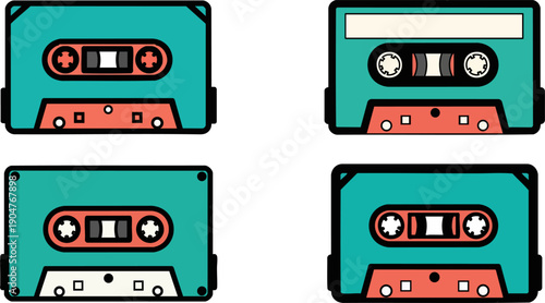 Collection of four retro audio cassette tapes featuring teal and coral colors displayed against a stark black background evoking nostalgic music memories from the past.