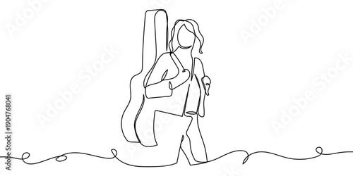 One continuous line drawing of a woman carrying a guitar case. simple linear style Doodle vector illustration Editable stroke.