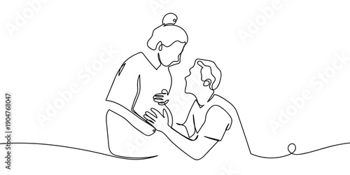 One continuous line drawing: A husband taking care of his wife who is preparing to give birth. simple linear style Doodle vector illustration Editable stroke.