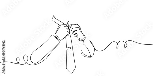 One continuous line drawing: A hand tying a necktie. simple linear style Doodle vector illustration Editable stroke.
