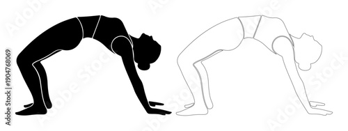 Silhouette and outline of a person performing a yoga bridge pose, showcasing flexibility and strength.
