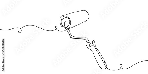 One continuous line drawing: A paint roller is painting a wall. simple linear style Doodle vector illustration Editable stroke.