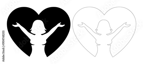 Woman embracing love with open arms inside a heart shape, positive emotion