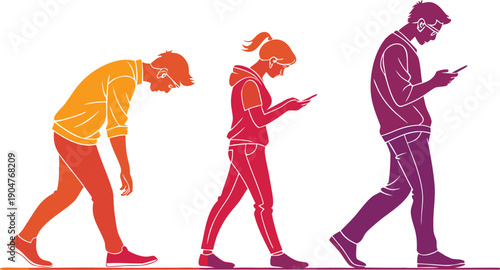 Social Media Addiction Concept with People Walking and Using Smartphones with Poor Posture
