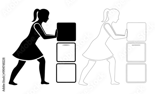 Woman pushing stacked boxes, symbolizing effort and progress in a simple graphic style.
