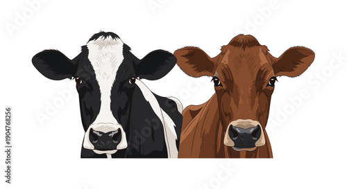 Detailed illustration of two cow heads in a close-up, featuring a black and white Holstein and a brown Jersey breed on