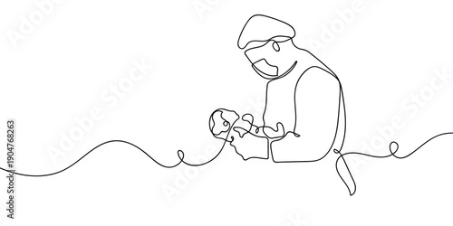 One continuous line drawing: A doctor delivering a baby is holding it. simple linear style Doodle vector illustration Editable stroke.