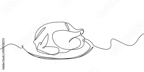 One continuous line drawing of roasted chicken on a plate. simple linear style Doodle vector illustration Editable stroke.