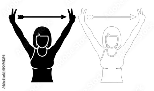 Woman holding up peace signs and an arrow indicating direction and measurement