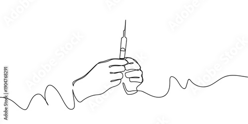 One continuous line drawing: A hand holding a syringe. simple linear style Doodle vector illustration Editable stroke.