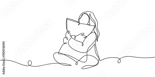 One continuous line drawing of a woman sitting and hugging a pillow. simple linear style Doodle vector illustration Editable stroke.