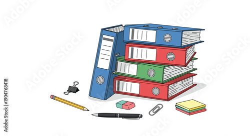 Neatly arranged collection of office stationery including multi-colored ring binders, pencils, a pen, and paper clips