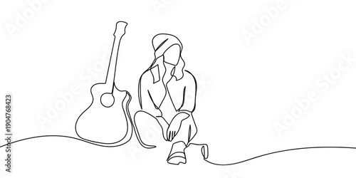 One continuous line drawing: A woman sitting next to a guitar. simple linear style Doodle vector illustration Editable stroke.