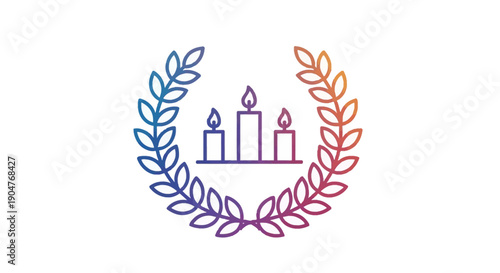 Vibrant gradient outline icon of three lit candles within a classic laurel wreath symbolizing