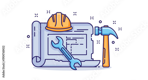 Essential tools for building and construction projects depicted with a blueprint, hard hat,