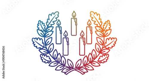 Vibrant gradient line art wreath with glowing candles symbolizing hope and celebration