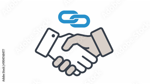 Business Handshake with Link Icon: Partnership, SEO, Agreement, and Digital Connection Vector Illustration