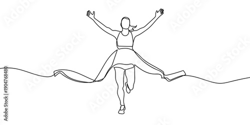One continuous line drawing: A female runner crosses the finish line. simple linear style Doodle vector illustration Editable stroke.