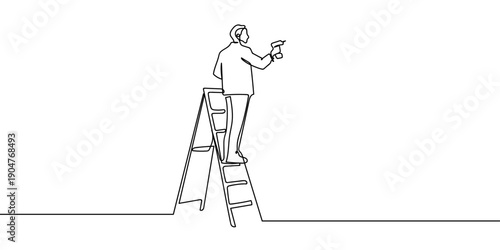 One continuous line drawing: A worker holding a drill stands on a folding ladder. simple linear style Doodle vector illustration Editable stroke.