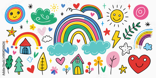 Cuadro en lienzo Vibrant and colorful illustrations of various objects and creatures in a playful