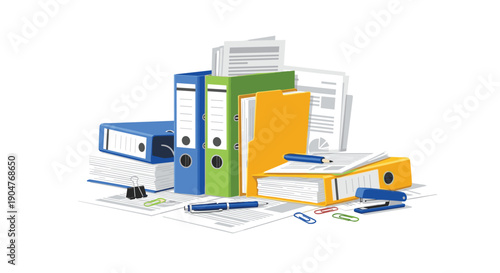 Dynamic composition of diverse office documents, colorful ring binders, and essential stationery items, symbolizing an