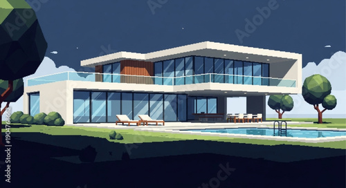 Modern Luxury Mansion With Swimming Pool At Night.