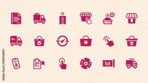 Set of icons illustrating business processes and e commerce transactions