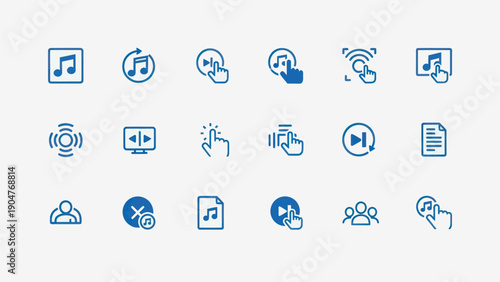Set of modern blue music and media icons on a white background