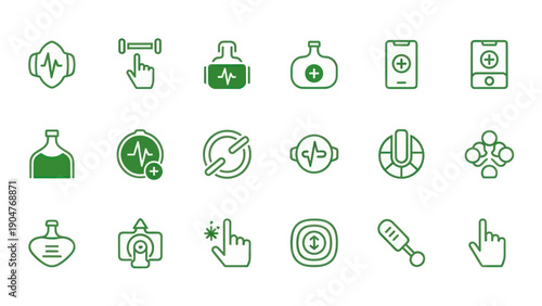 Set of medical and healthcare icons in modern green line style