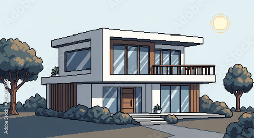 Modern Luxury Two Story House Exterior With Large Windows.