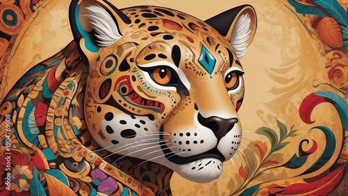 Abstract jaguar figure in Mexican art style