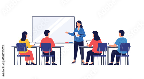 Female instructor leads a diverse group of students in a modern classroom discussion, fostering an engaged and